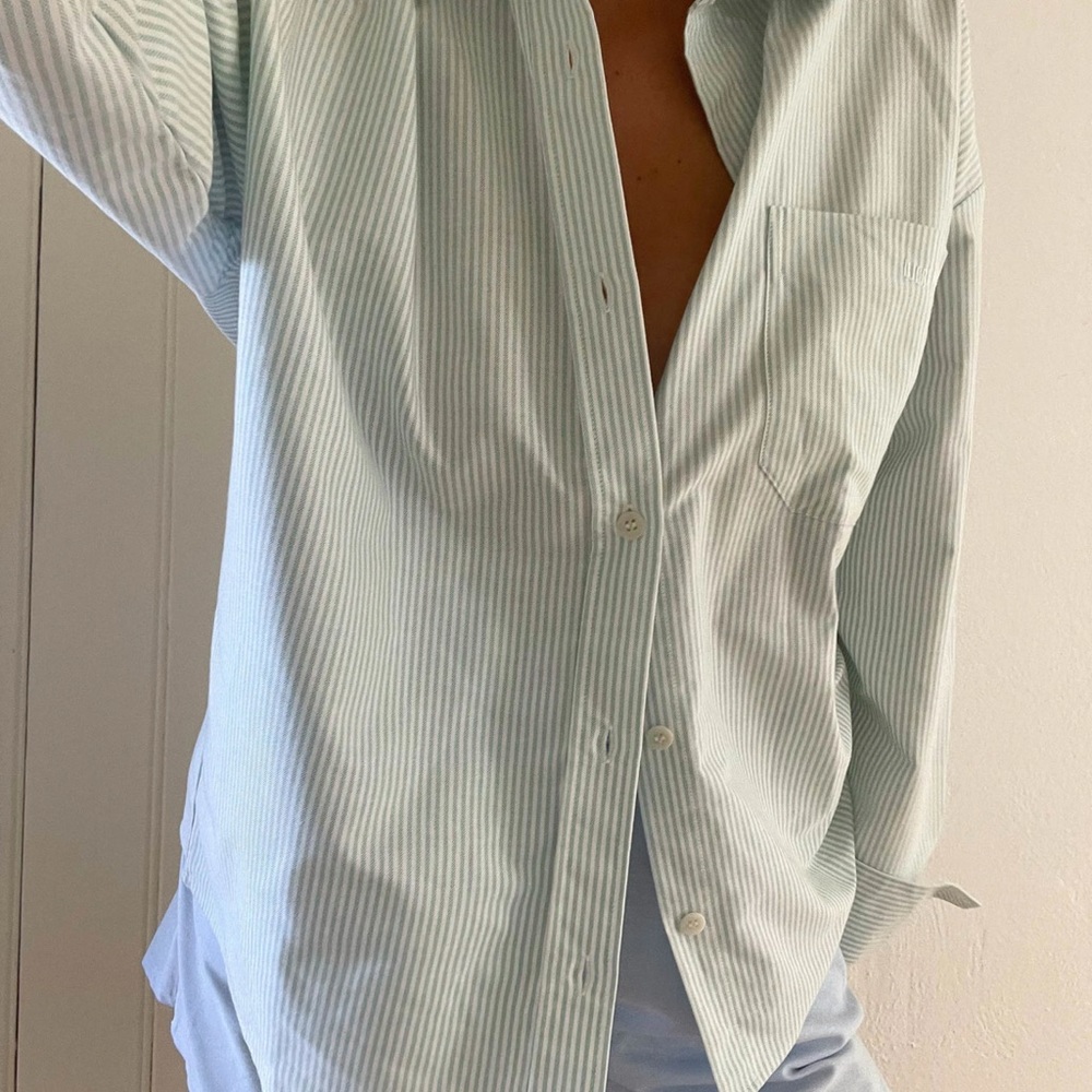 Djerf Avenue breezy Light Green Striped Button Down Shirt and Short COORD